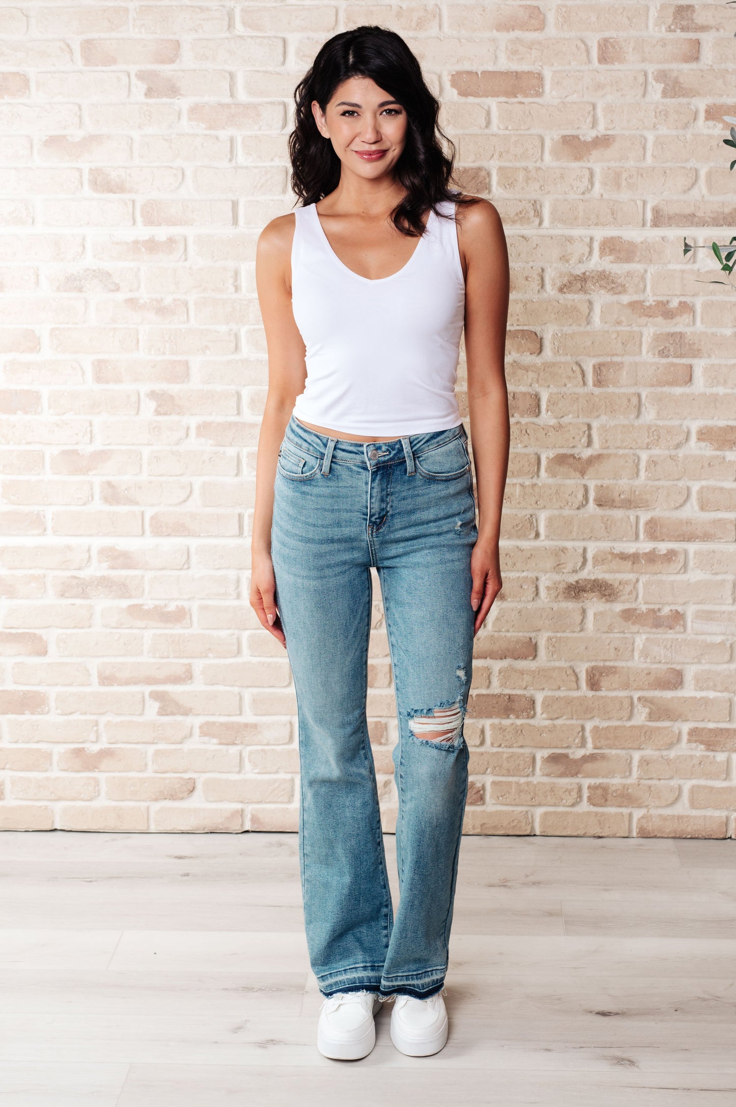 Judy Blues Isla Mid Rise Distressed Released Hem Bootcut Jeans