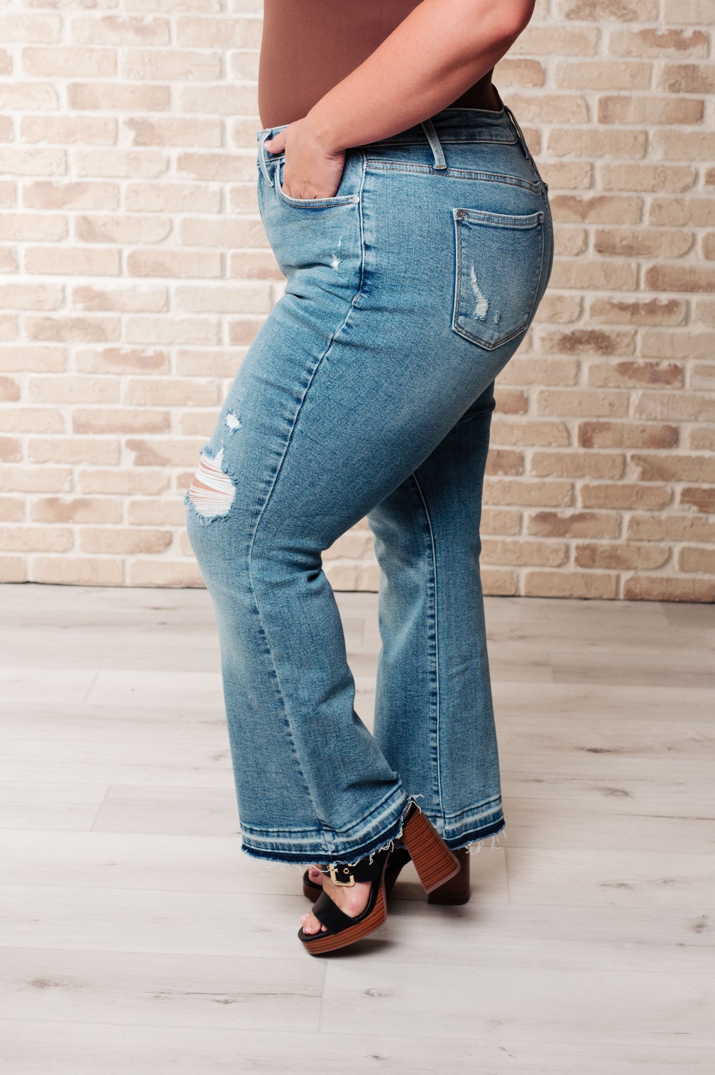 Judy Blues Isla Mid Rise Distressed Released Hem Bootcut Jeans