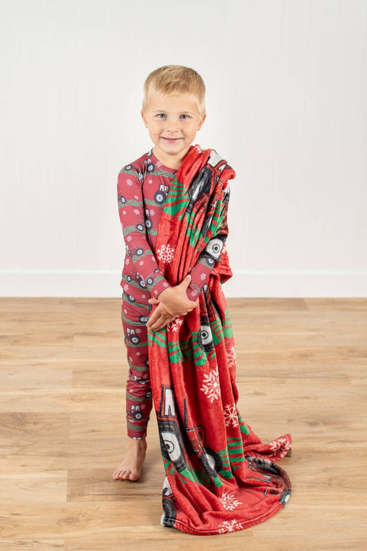 Red Tractor Christmas Plush Blanket