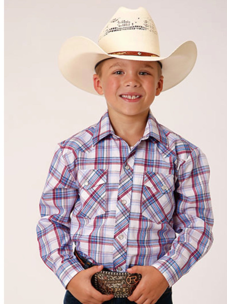 Kids Long Sleeve White/Berry/Blue Plaid Button Down | Sizes Small-XL