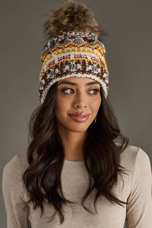 White, Red & Gold Patterned Pom Hat
