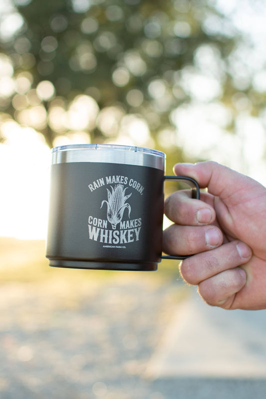 Black 'Rain Makes Corn, Corn Makes Whiskey' 16oz Mug