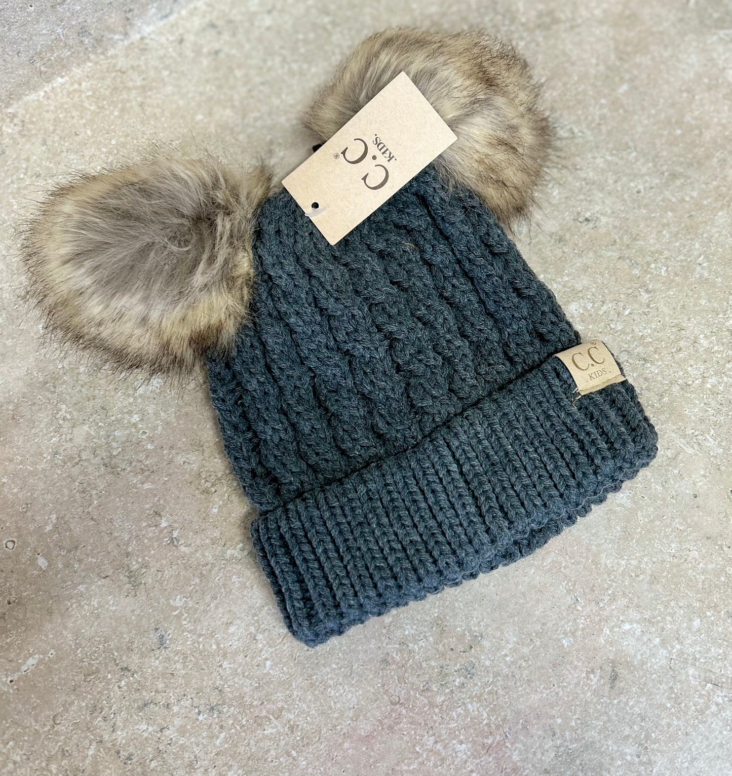 Kids Double Fur Pom Beanie