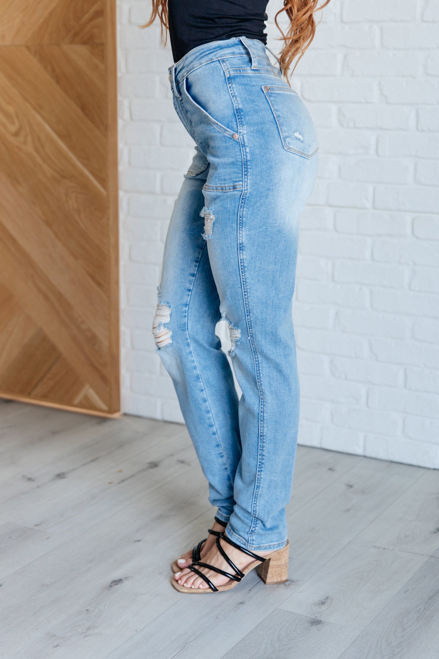 Judy Blues Aiden High Rise Patch Pocket Distressed Boyfriend Jeans