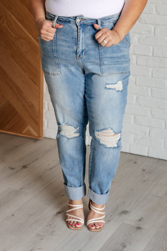 Judy Blues Aiden High Rise Patch Pocket Distressed Boyfriend Jeans