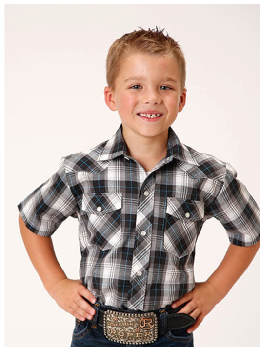Kids Short Sleeve White/Grey/Black Plaid Button Down | Sizes Small-XL