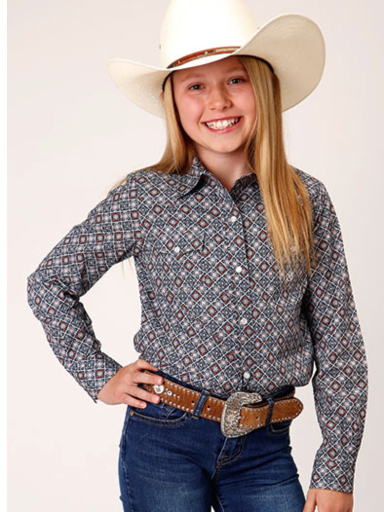Kids Long Sleeve Silver Foulard Button Down | Sizes Small-XL