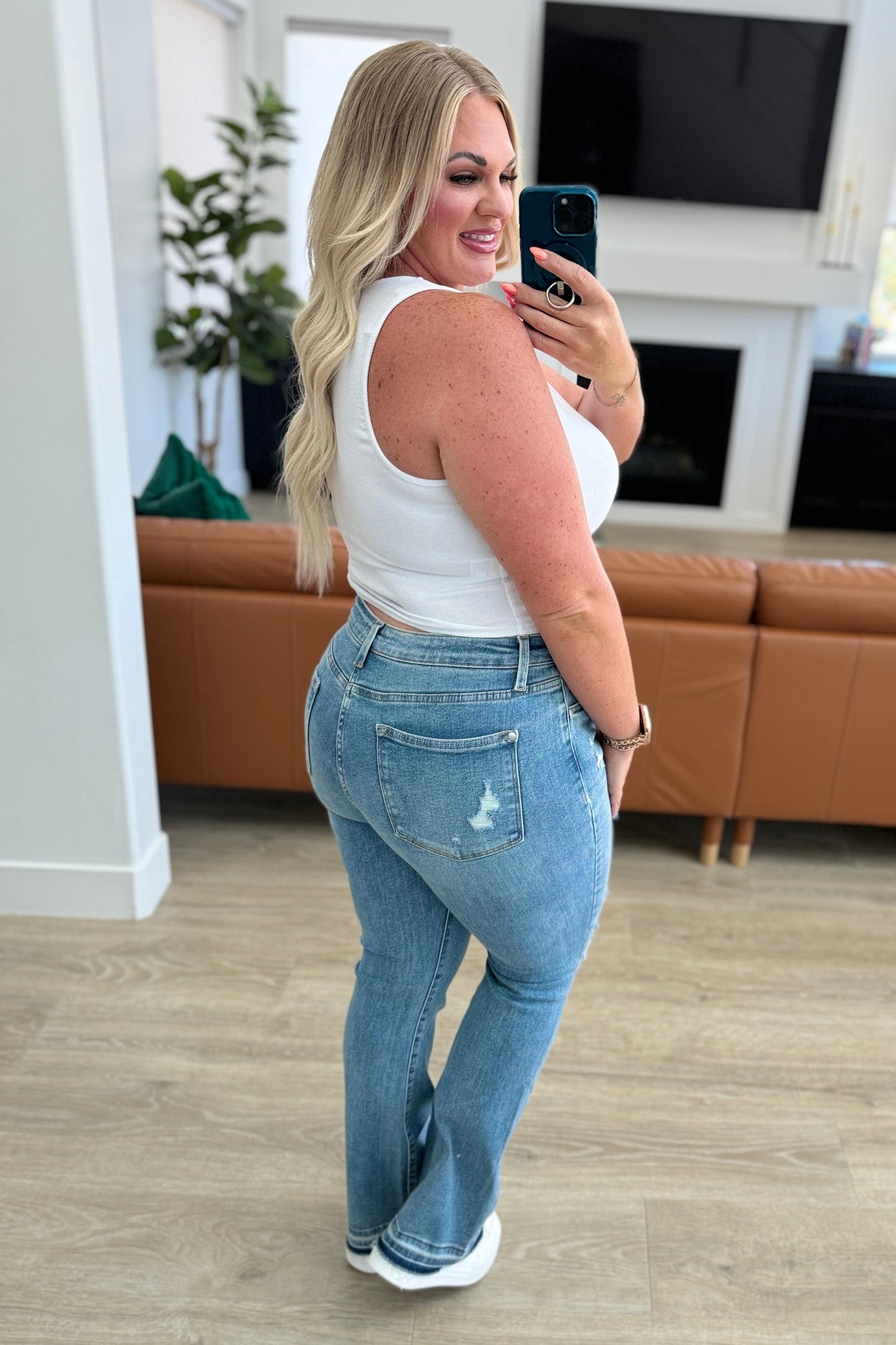 Judy Blues Isla Mid Rise Distressed Released Hem Bootcut Jeans