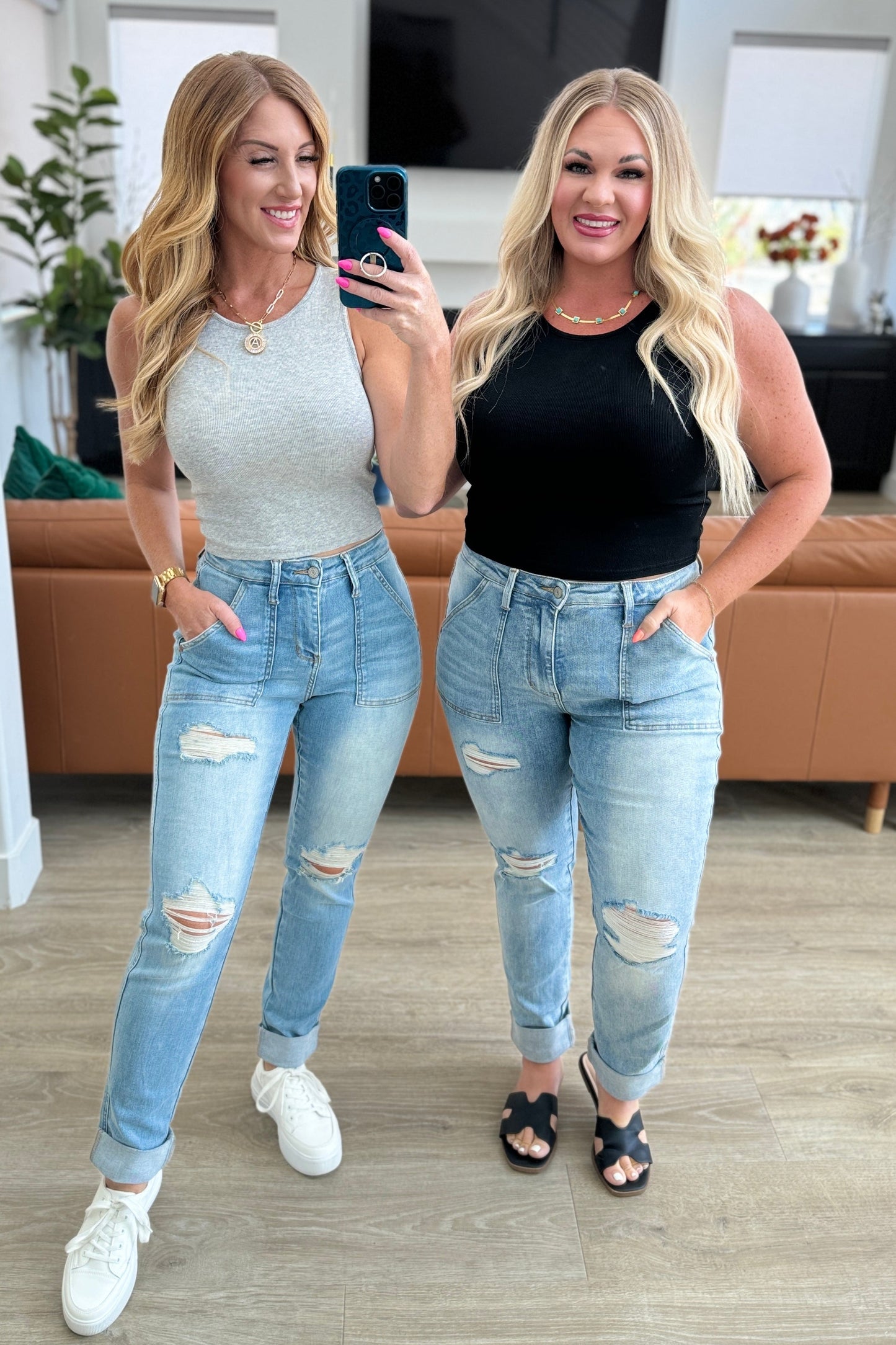 Judy Blues Aiden High Rise Patch Pocket Distressed Boyfriend Jeans