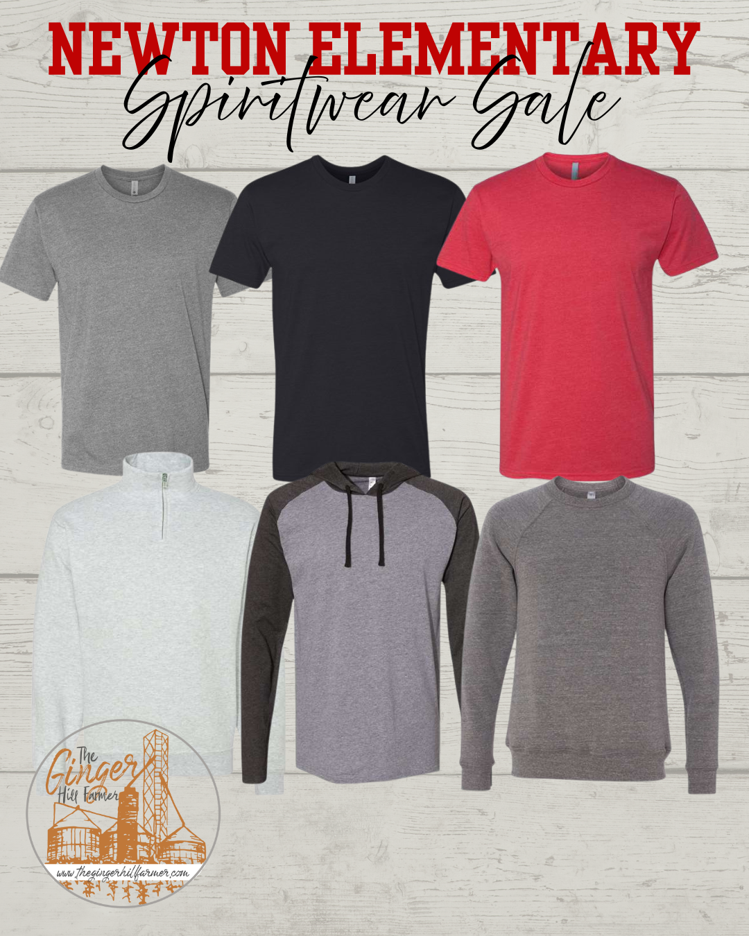 Collection of t-shirts and sweatshirts with Newton Elementary Spiritwear Sale text on a wooden background.
