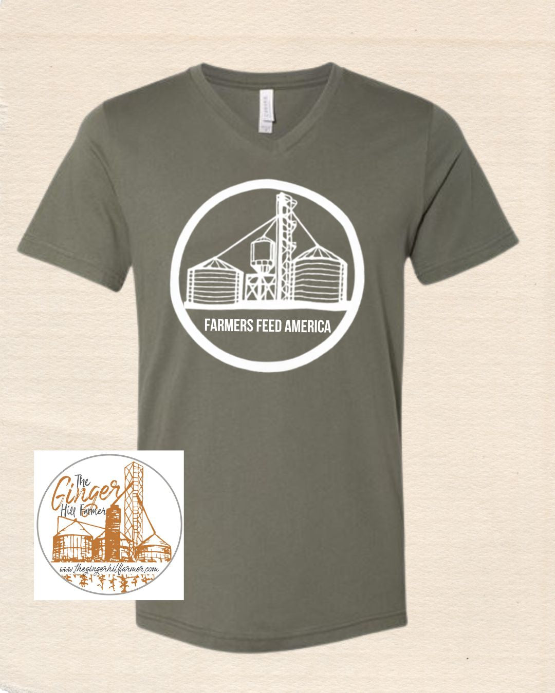 Farmers Feed America with Grain Bins Graphic V-Neck Tee Olive Green