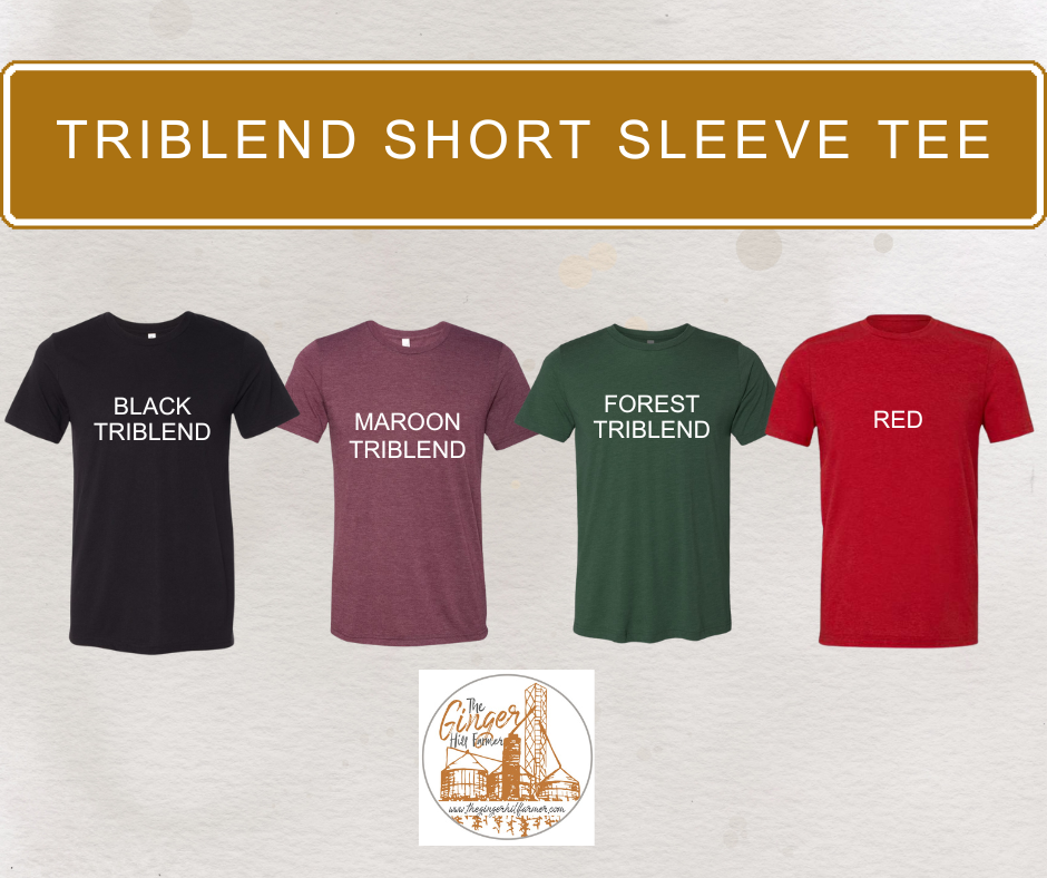 Four triblend short sleeve tees in black, maroon, forest green, and red with text labels on a light gray background.