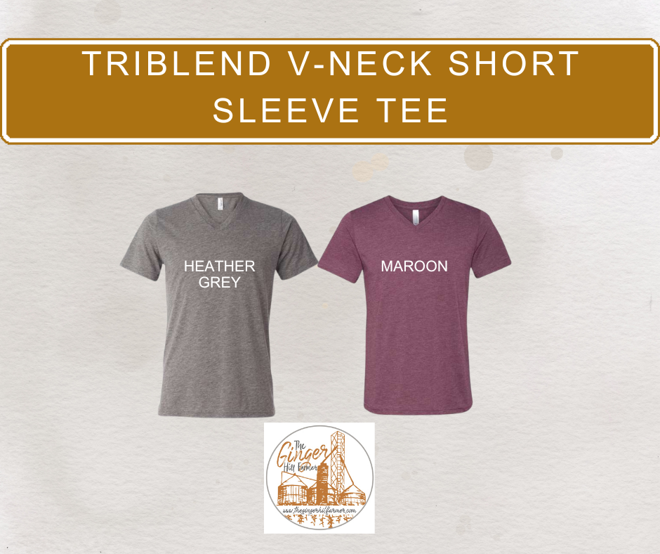 Two t-shirts, one heather grey and one maroon, with text on a light gray background.