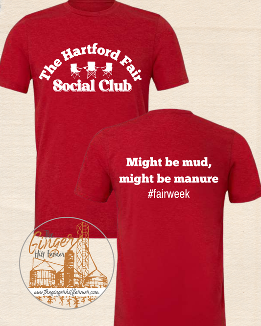 Red t-shirt with 'The Hartford Fall Social Club' text on a beige background