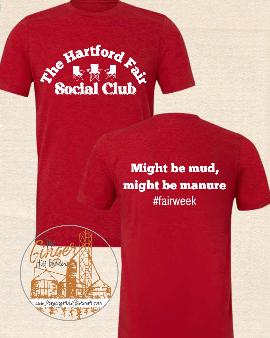Red t-shirt with 'The Hartford Fall Social Club' text on a beige background