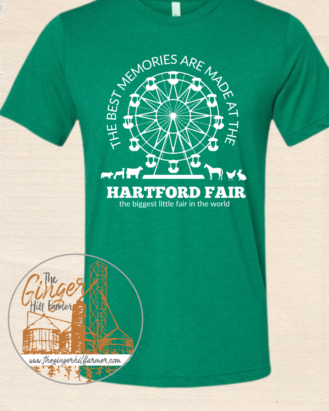 Green t-shirt with white graphic and text about Hartford Fair on a beige background