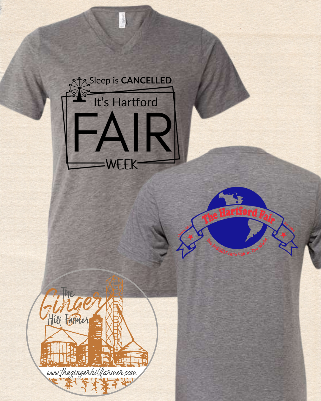grey tshirt with black and blue and red logo on beige background