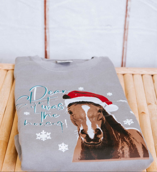 Gray sweatshirt with a horse graphic and text on a wooden surface with a snowy window background