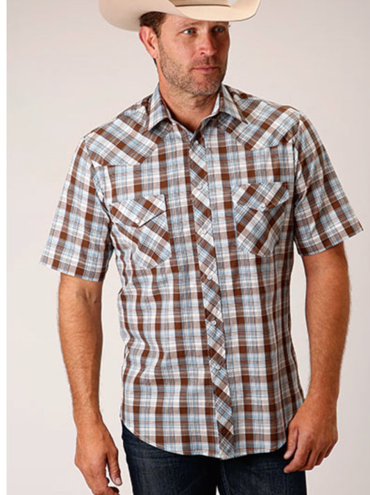 Short Sleeve Brown, Blue and White Plaid Button Down | Sizes Small-L