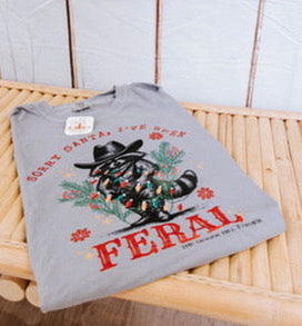 Gray sweatshirt with a graphic design and text on a wooden surface with a snowy window background