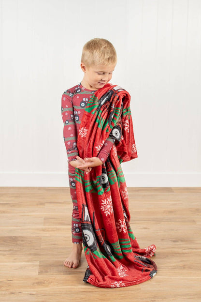 Red Tractor Christmas Plush Blanket