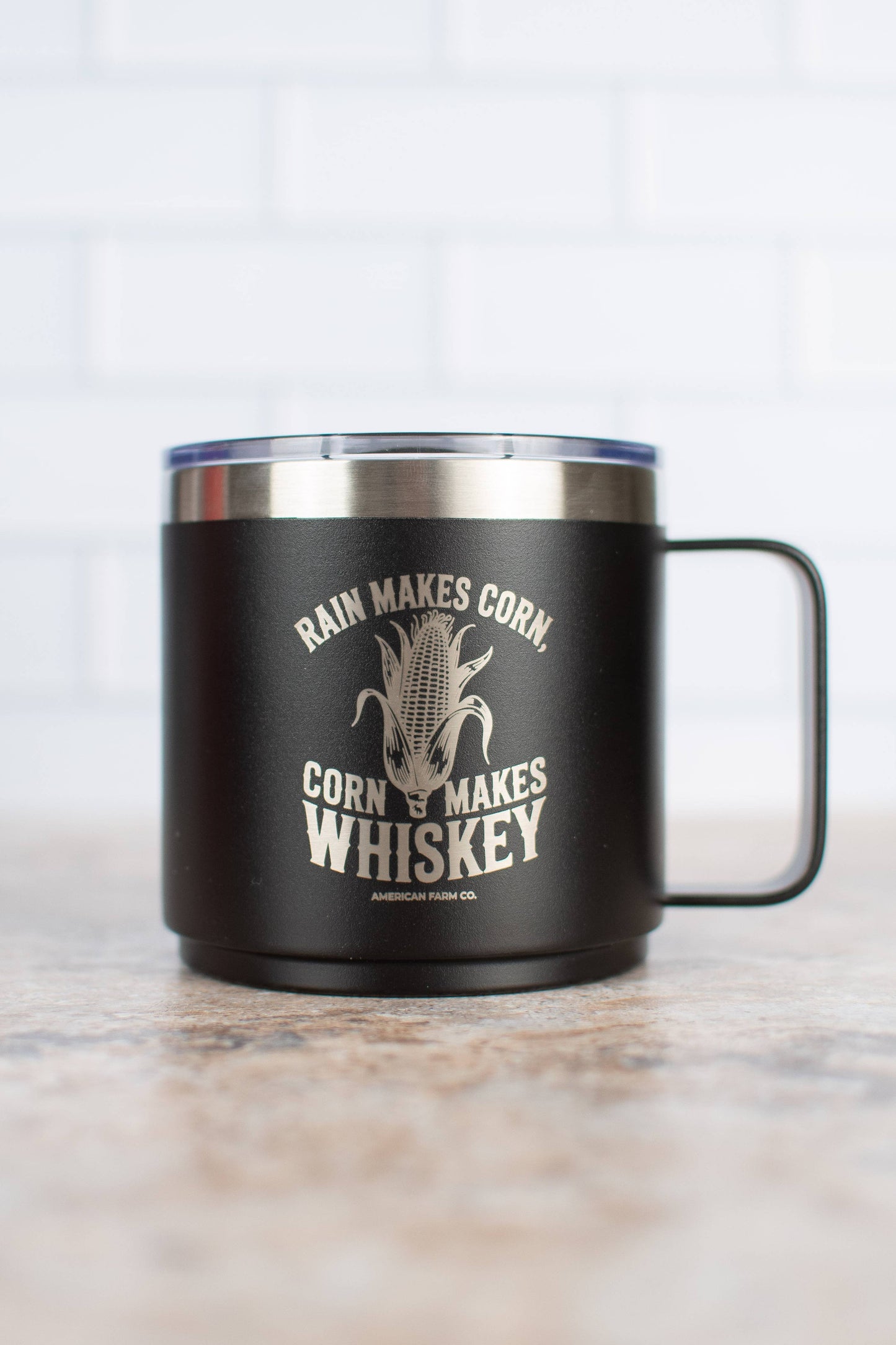 Black 'Rain Makes Corn, Corn Makes Whiskey' 16oz Mug