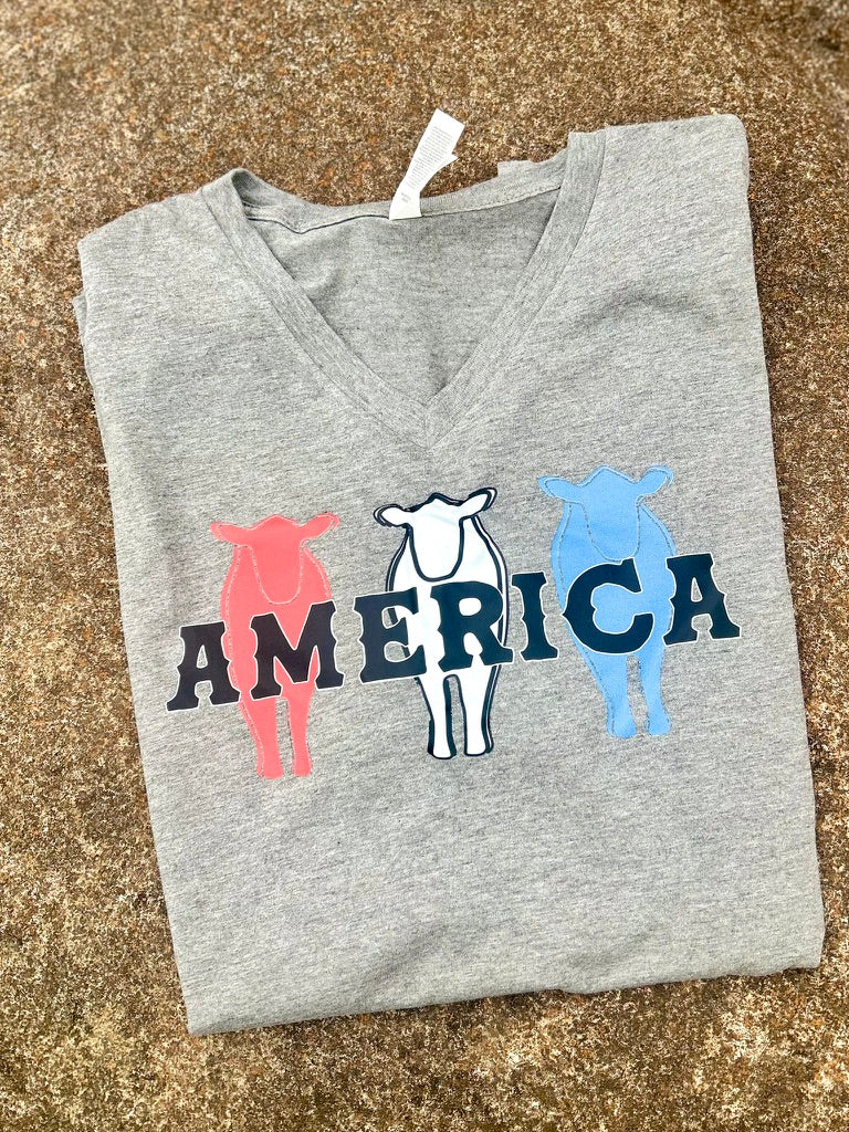 Folded vneck tee with colorful cow illustrations and 'AMERICA' text on a textured surface.