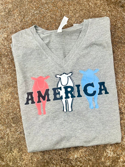 Folded vneck tee with colorful cow illustrations and 'AMERICA' text on a textured surface.