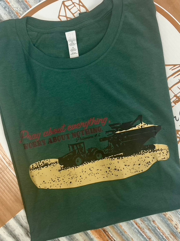 dark green tee with farm scene graphic