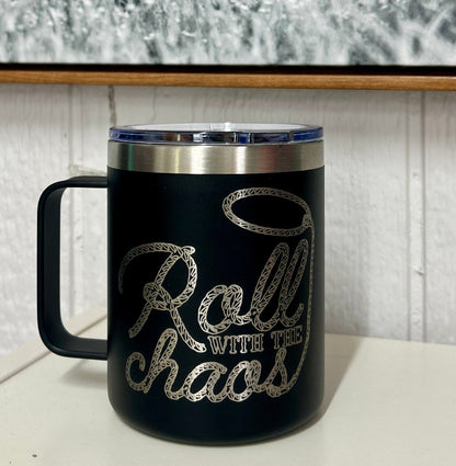black mug with silver graphic engraved