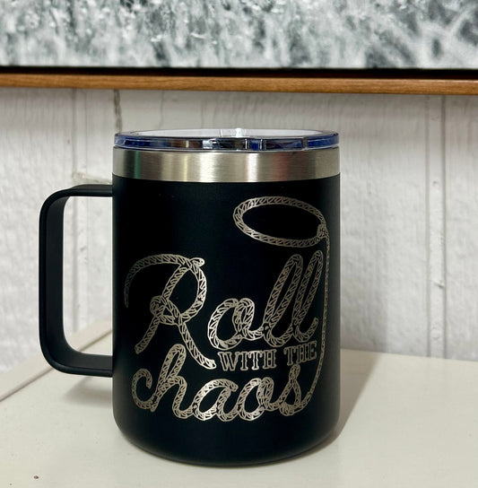 black mug with silver graphic engraved