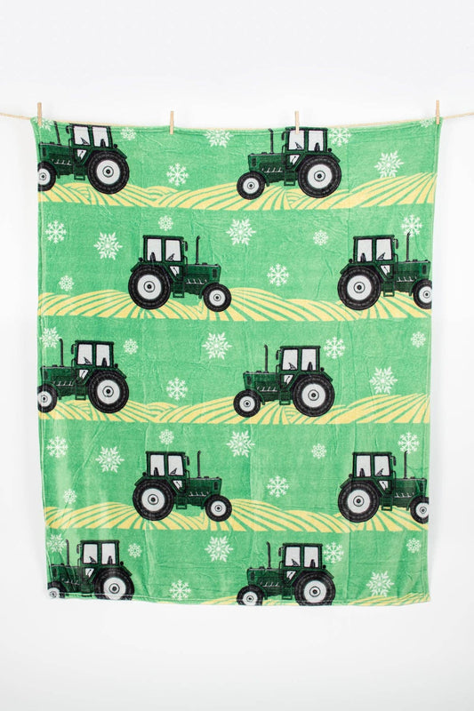 Green Tractor Christmas Plush Blanket