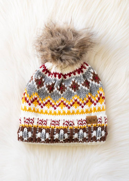 White, Red & Gold Patterned Pom Hat