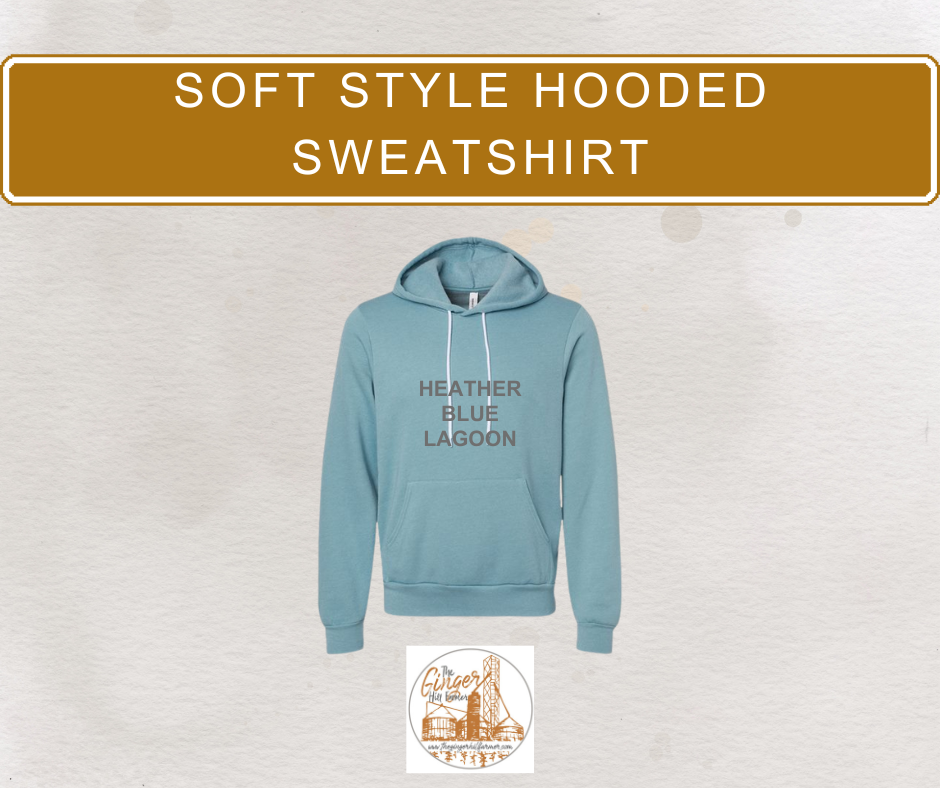 Blue hooded sweatshirt with text on a light gray background