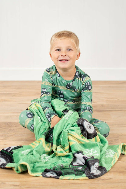 Green Tractor Christmas Plush Blanket