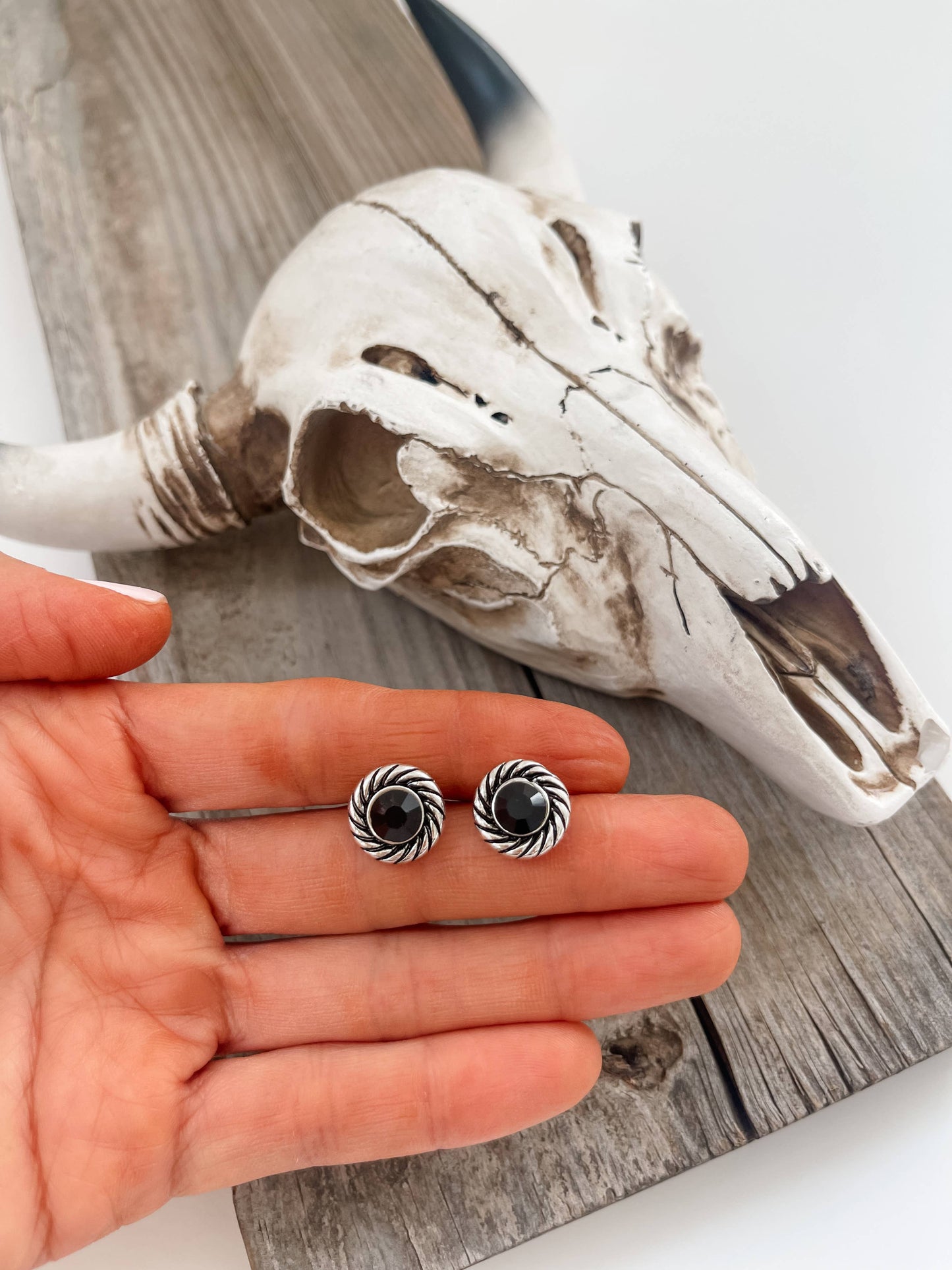 Black Stud Silvertone Earrings