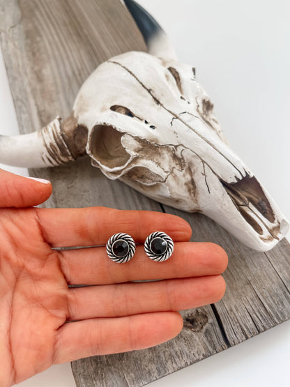 Black Stud Silvertone Earrings