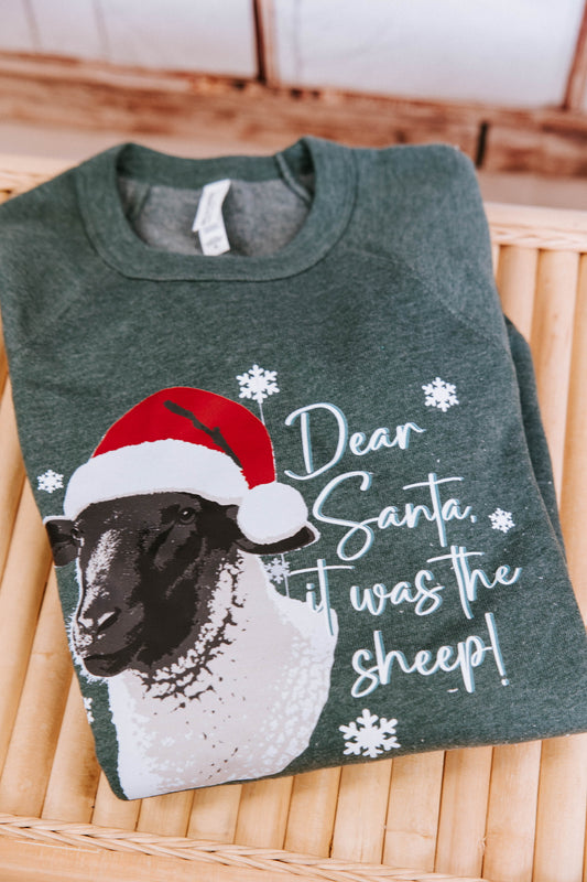 Green sweatshirt with a sheep wearing a Santa hat and text on a wooden surface