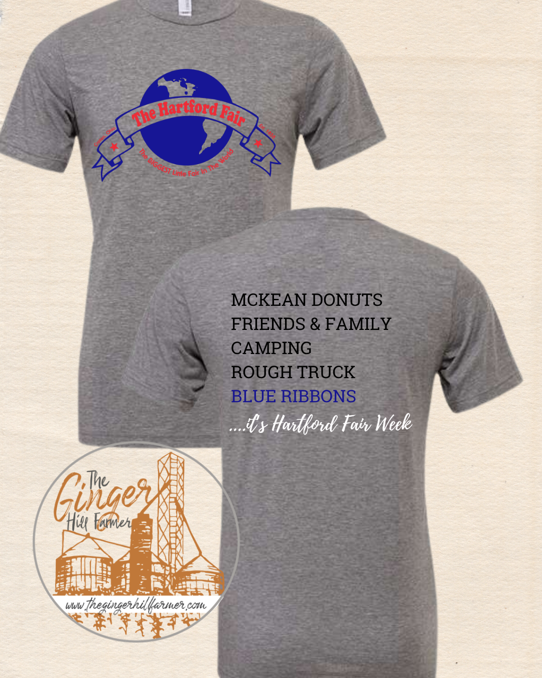 Gray t-shirt with Hartford Fair logo on front and text on back, on a beige background.