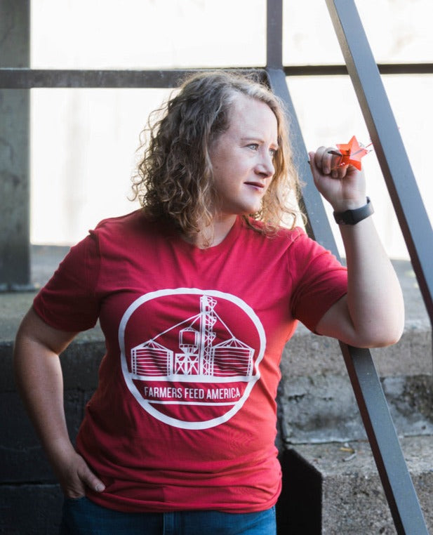 Red tee on model, front view