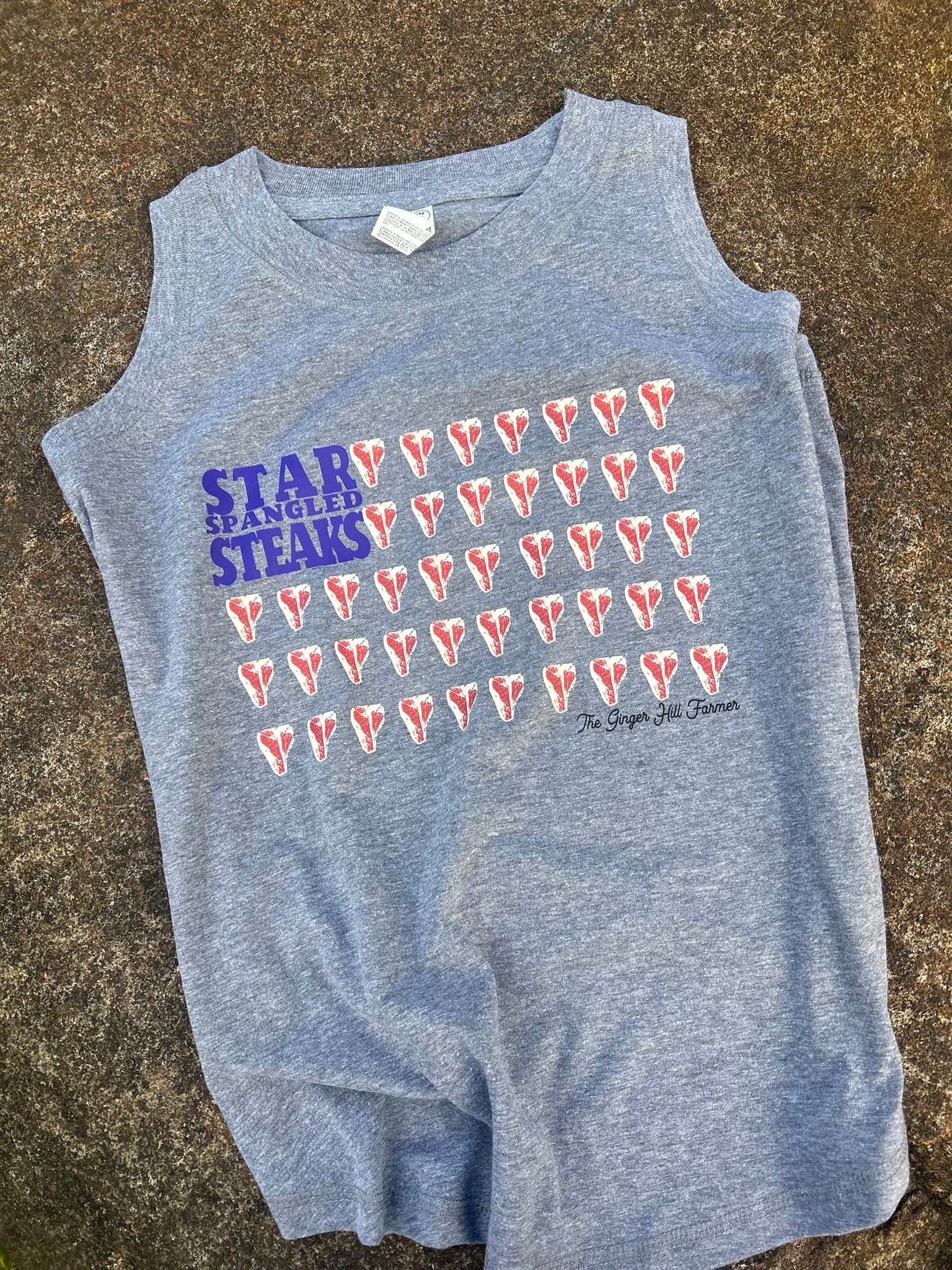 grey tank with steaks and star spangled steaks