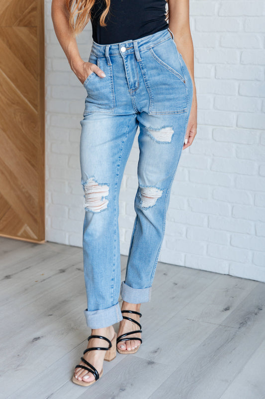 Judy Blues Aiden High Rise Patch Pocket Distressed Boyfriend Jeans