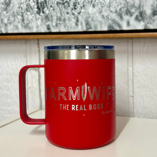 red mug with silver engraved graphic