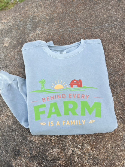 grey sweatshirt with behind every farm is a family graphic