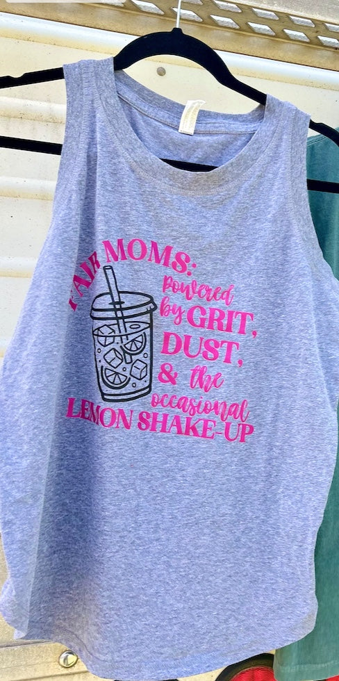 Gray tank top with pink text and graphic on a hanger