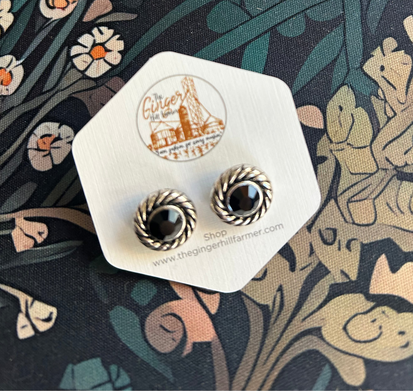 Black Stud Silvertone Earrings