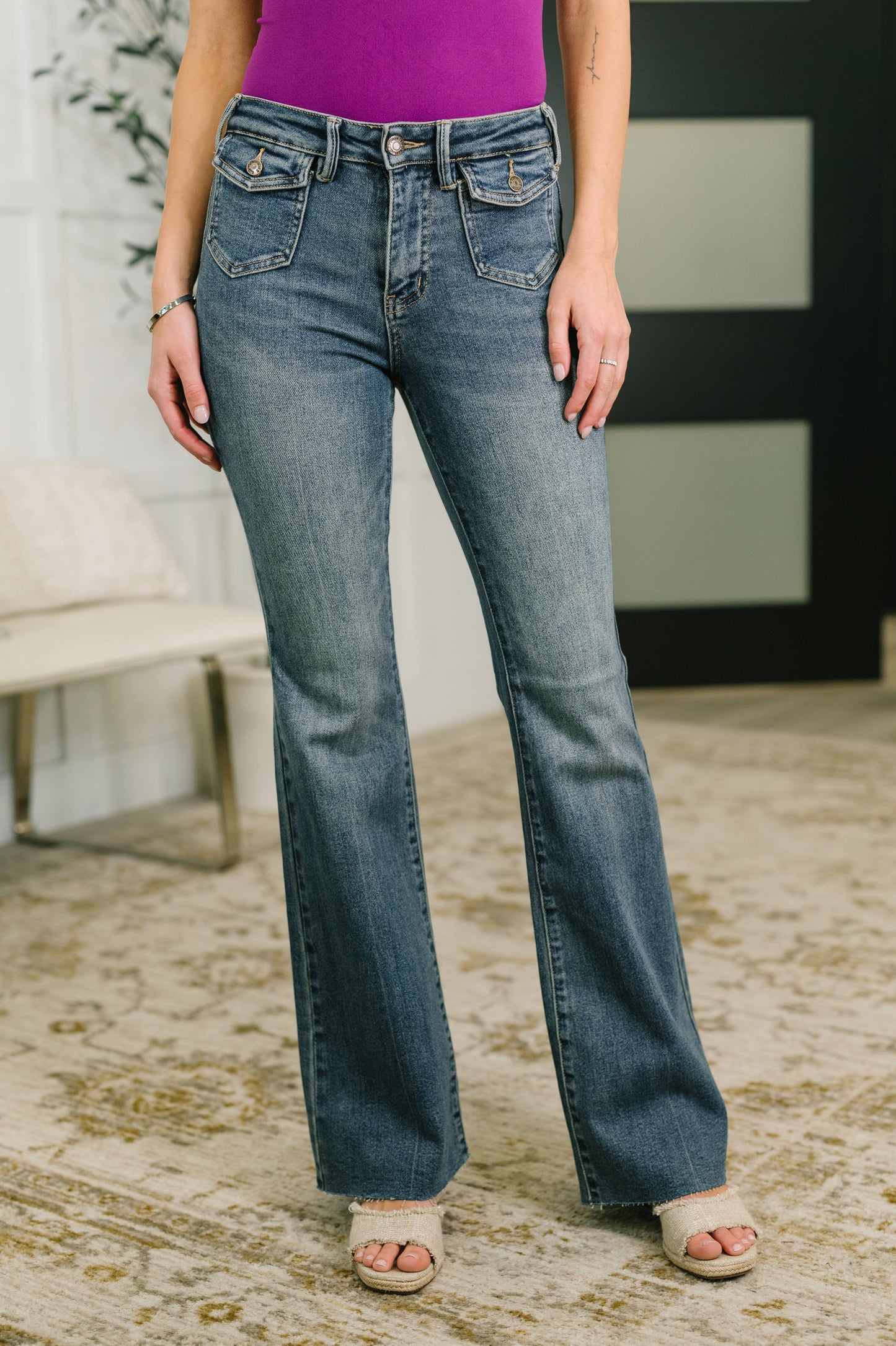 Judy Blue Jackie Mid Rise Flare Jean with Front Flap Pockets