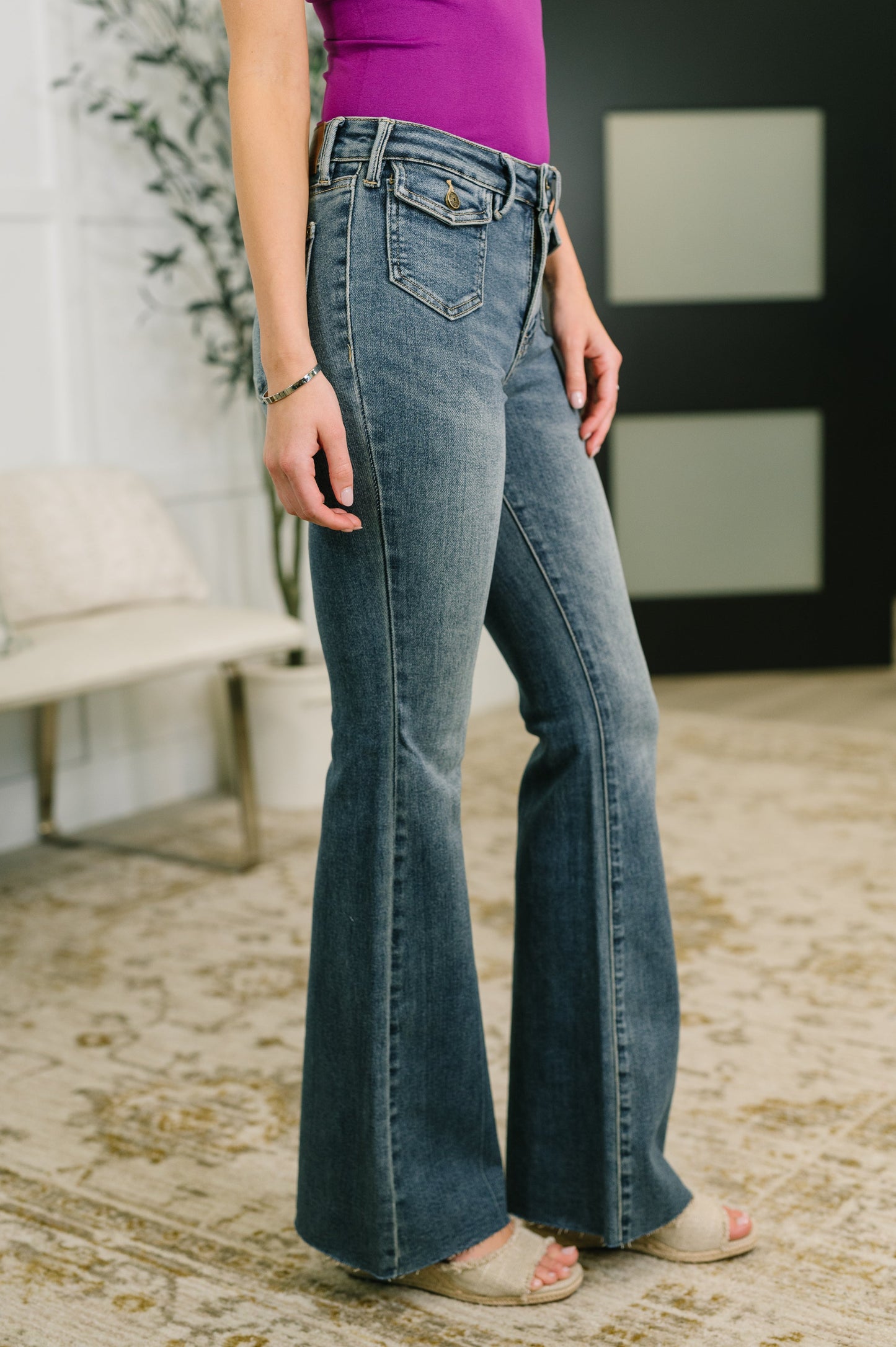 Judy Blue Jackie Mid Rise Flare Jean with Front Flap Pockets