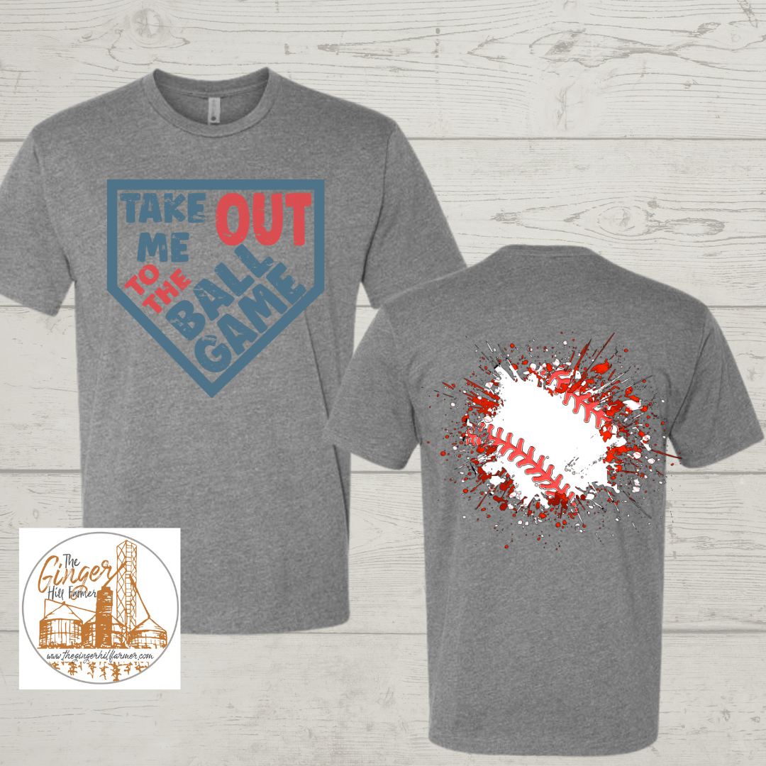grey t-shirt wtih take me out to the ball game on a wood background