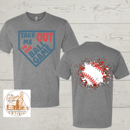 grey t-shirt wtih take me out to the ball game on a wood background